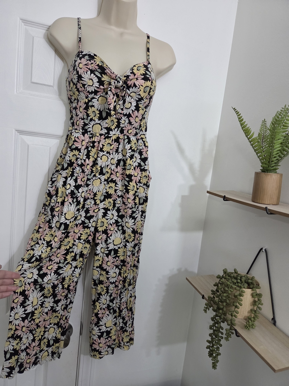 AUW Black Floral Tie-Front Jumpsuit with Pink & Yellow Daisies